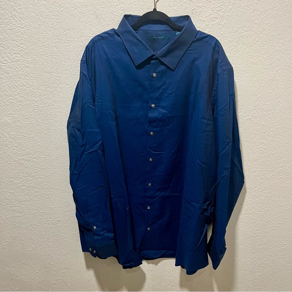 Perry Ellis Deep Blue Casual Textured Long Sleeve Button Front Shirt
